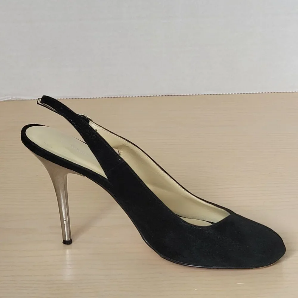 BCBGMAXAZRIA Kelly Black Metallic Leather Peep Toe Heels Size EU 39/US 8.5